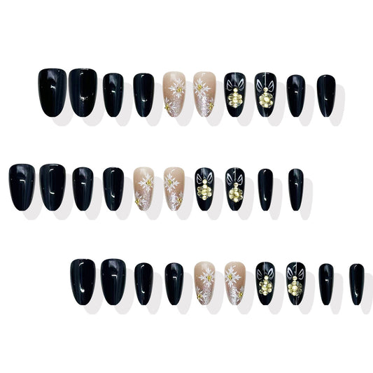 Gothic Garden Medium Almond Black and Beige Floral Accented Press-On Nail Set