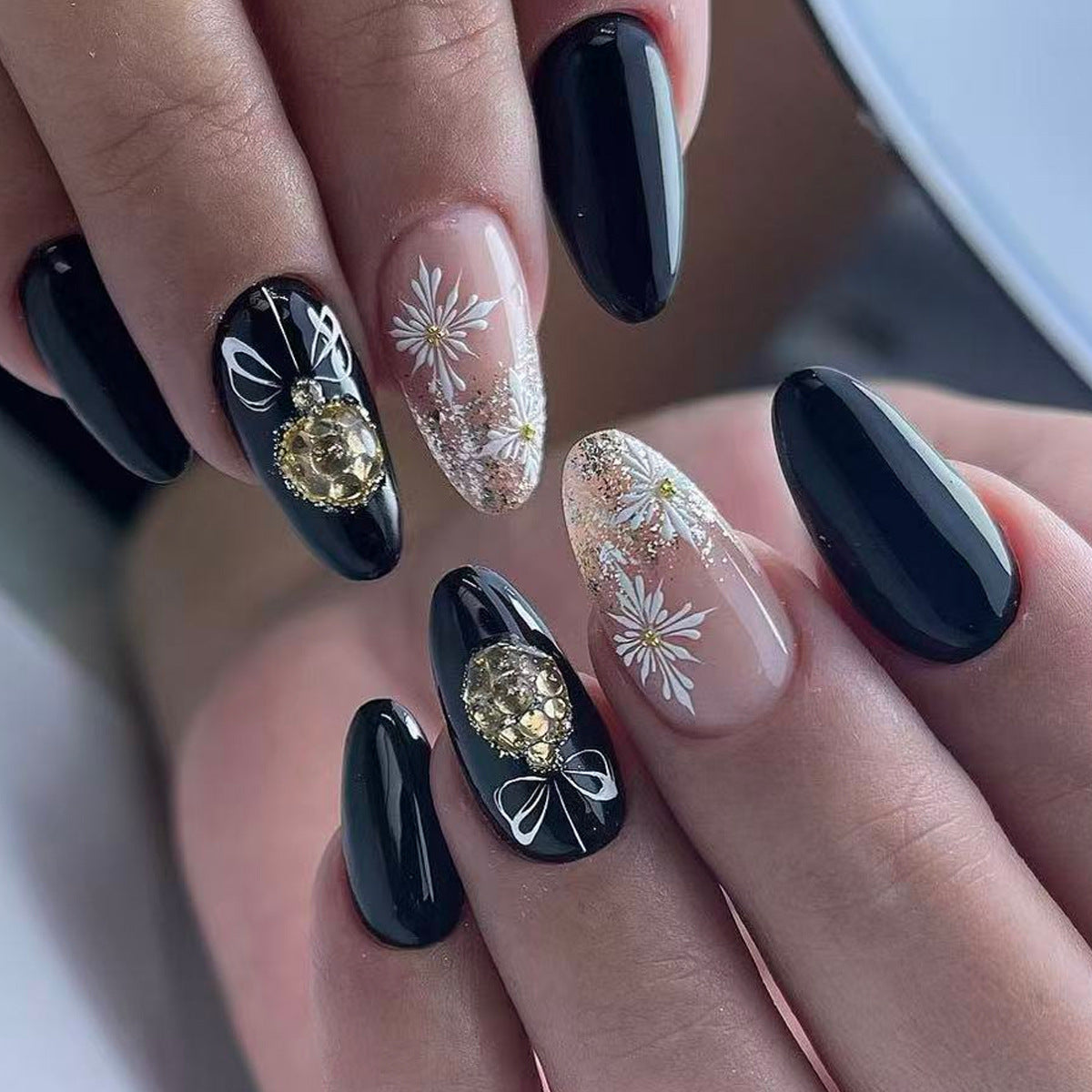 Elegant Floral Enchantment Medium Almond Black and Clear with Glitter and Floral Accent Nail Set