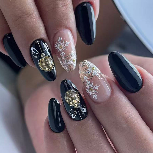 Elegant Floral Enchantment Medium Almond Black and Clear with Glitter and Floral Accent Nail Set