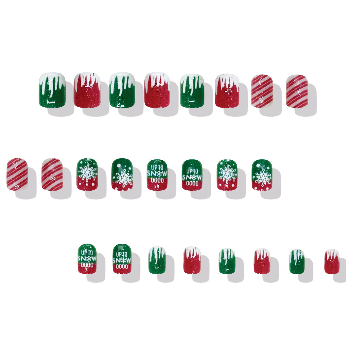 Festive Cheer Shaped Press-On Nail Set in Short Square with Green and Red Color featuring Glittery Snowflakes and Dripping Design