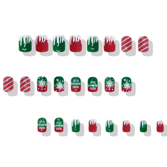 Festive Cheer Shaped Press-On Nail Set in Short Square with Green and Red Color featuring Glittery Snowflakes and Dripping Design