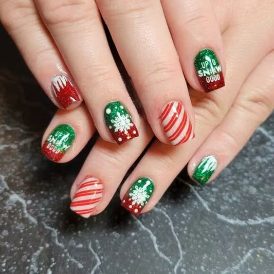 Festive Winter Wonderland Short Square Green Red and White Holiday Themed Press On Nail Set