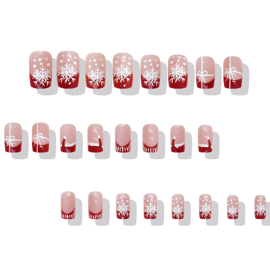 Winter Wonderland Medium Square Red with Snowflake and Ribbon Accent Press-On Nail Set
