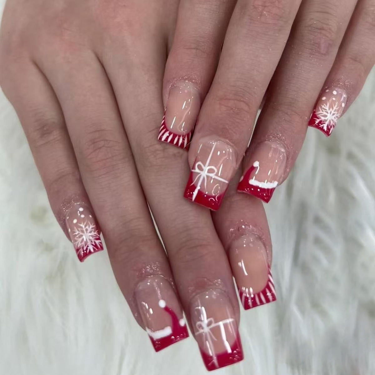 Festive Charm Medium Square Red and Clear Press On Nail Set with Unique Holiday Designs