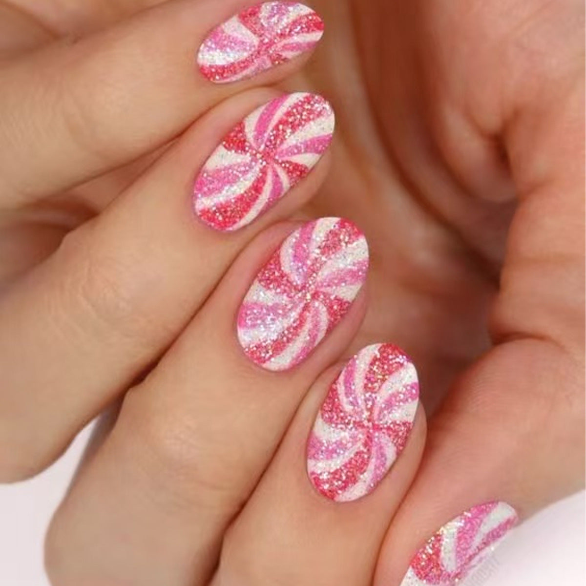 Candyland Delight Short Oval Pink Glitter Swirl Press On Nail Set