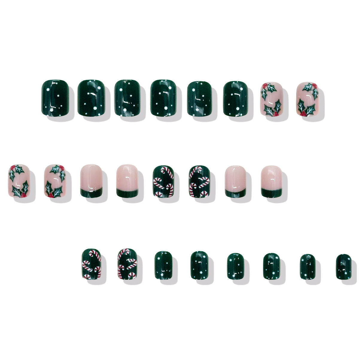 Festive Holiday Glamour Short Square Glossy Dark Green with Candy Cane and Holly Designs Press On Nail Set