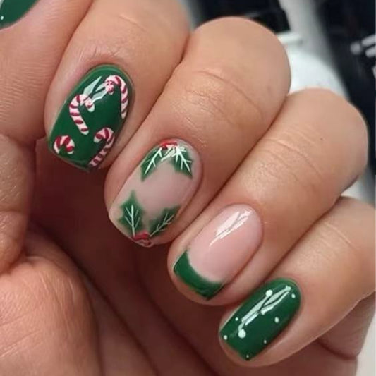 Festive Holiday Vibes Short Square Green with Candy Cane and Holly Designs Press On Nail Set