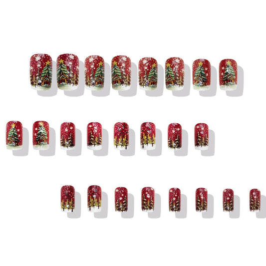 Festive Winter Wonderland Short Square Red with Snowy Forest Design Press On Nail Set
