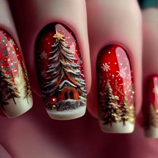 Winter Wonderland Elegant Medium Square Red with Christmas Forest Design Press On Nail Set