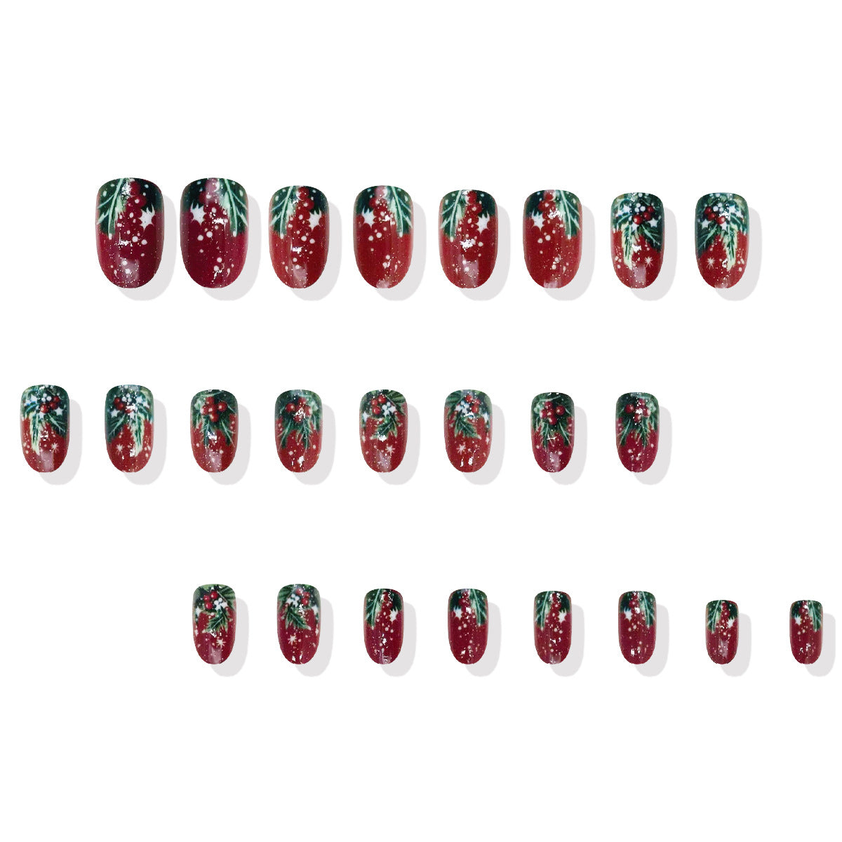 Festive Glamour Short Round Red with Green Accents and Glittery Snowflakes Press-On Nail Set
