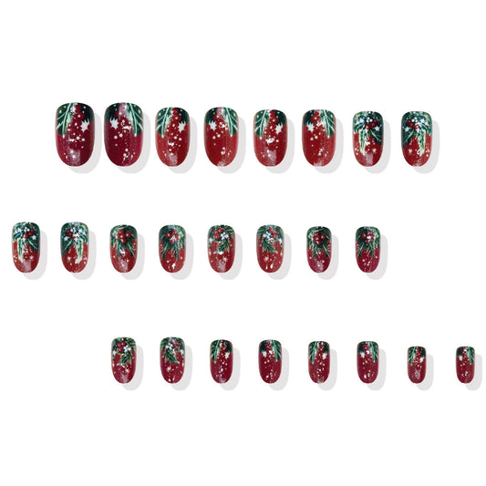 Festive Glamour Short Round Red with Green Accents and Glittery Snowflakes Press-On Nail Set