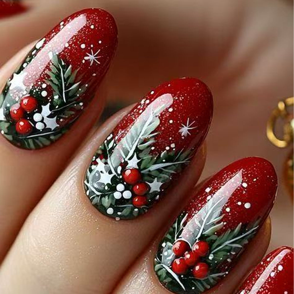 Festive Elegance Short Round Shaped Deep Red Press On Nail Set with Holly and Berry Design