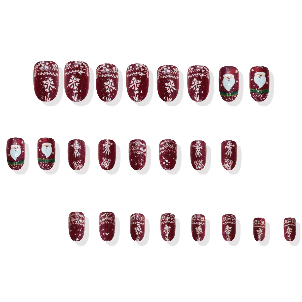 Festive Winter Wonderland Short Oval Burgundy with Snowflake and Santa Claus Design Press On Nail Set
