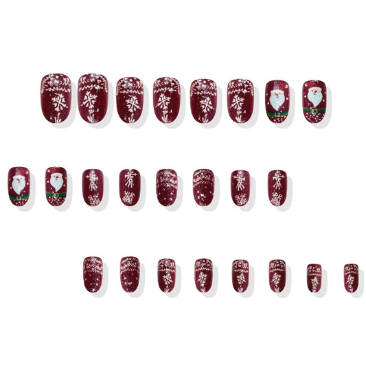 Festive Winter Wonderland Short Oval Burgundy with Snowflake and Santa Claus Design Press On Nail Set