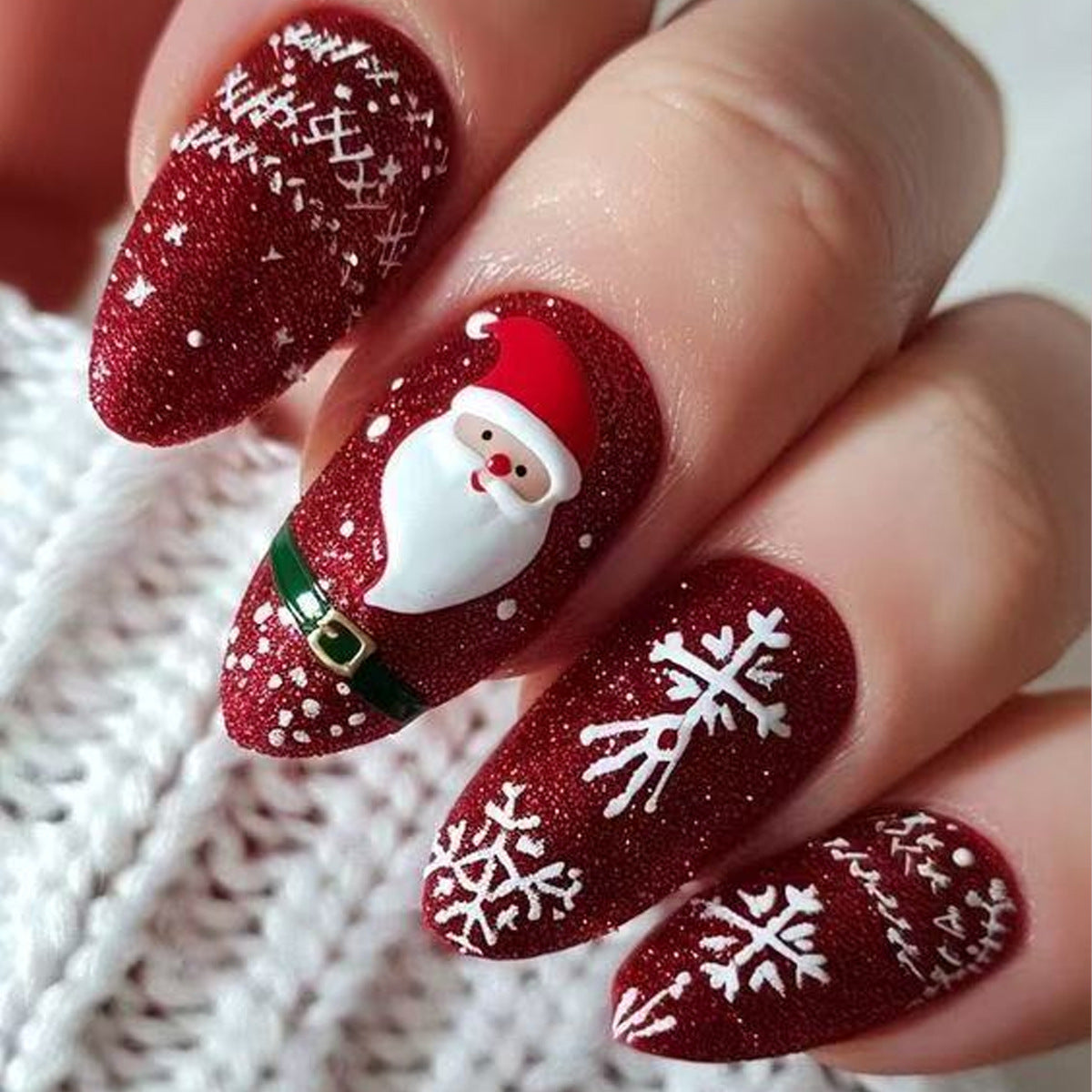 Festive Cheer Medium Almond Red Glitter Press On Nail Set with Santa and Snowflake Designs