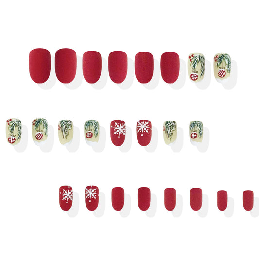 Festive Winter Wonderland Medium Oval Red Matte Press-On Nails with Seasonal Holiday Designs