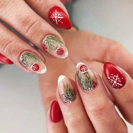 Festive Elegance Medium Almond Red and Clear Nail Set with Winter Holiday Designs
