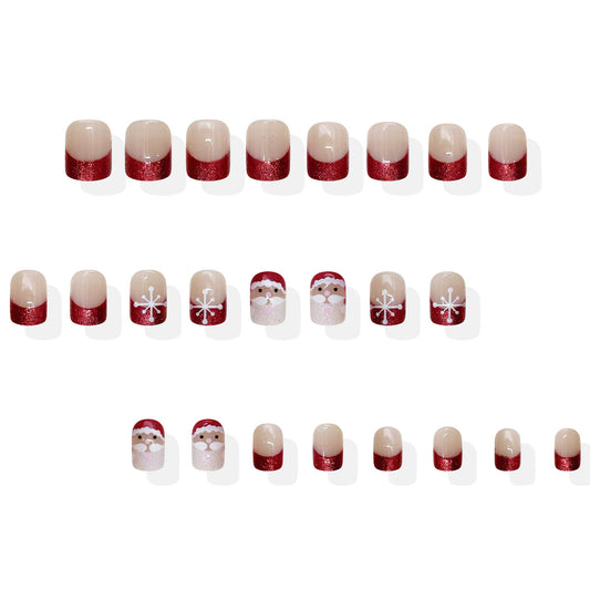 Festive Glamour Short Square Red Glitter with Santa and Snowflake Designs Press On Nail Set