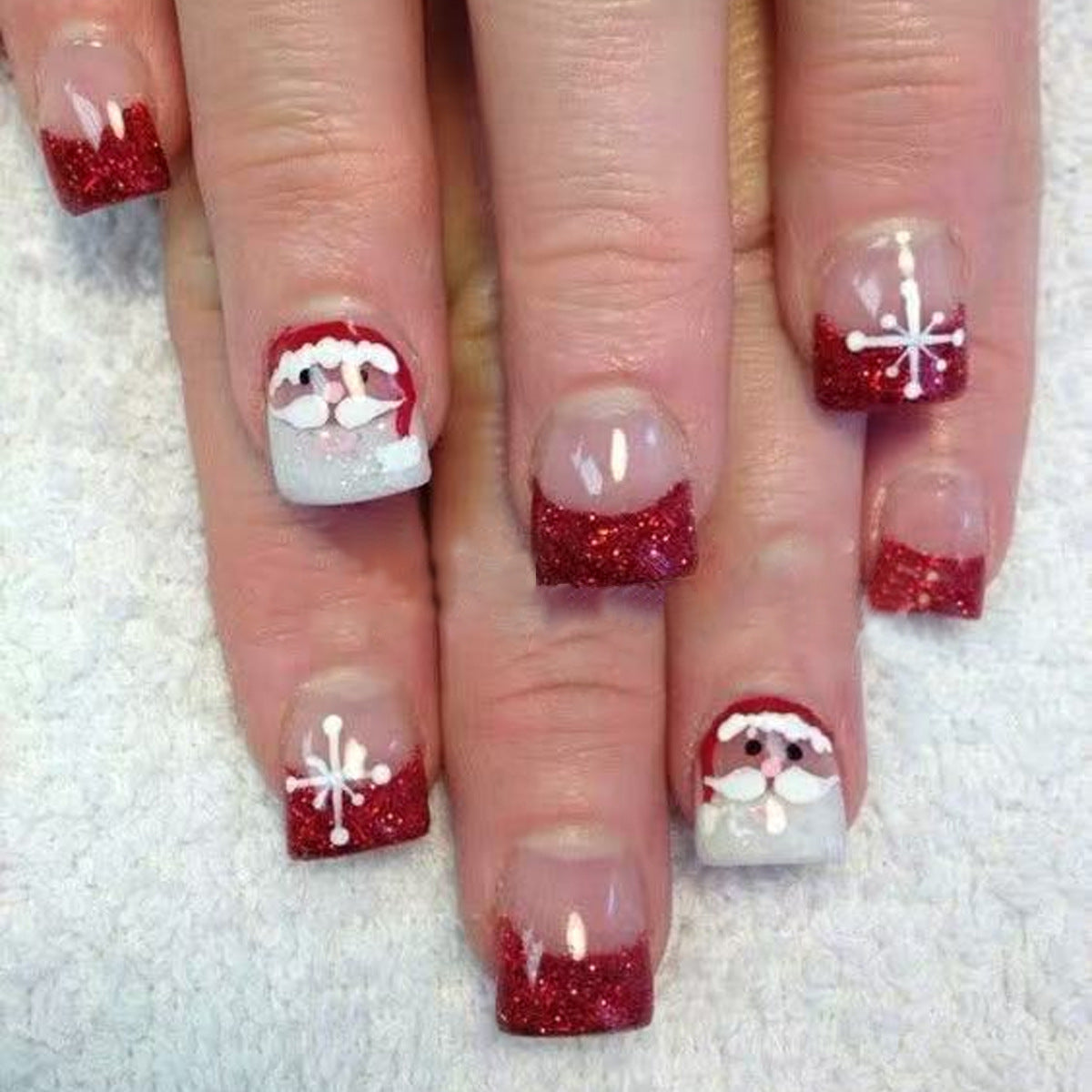 Festive Cheer Short Square Red and White Glittery Santa Nail Set with Fun Holiday Designs