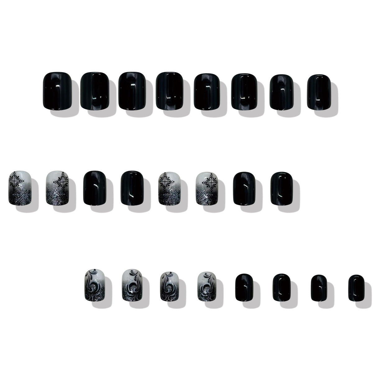 Mystical Elegance Glossy Short Square Black and White Ombré Press-On Nail Set with Intricate Design Elements