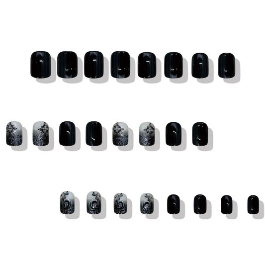 Mystical Elegance Glossy Short Square Black and White Ombré Press-On Nail Set with Intricate Design Elements