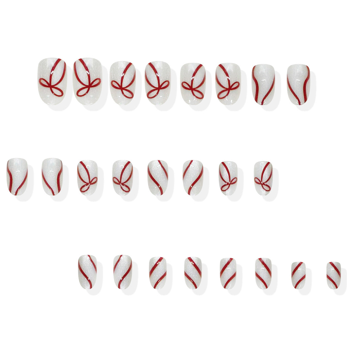 Whimsical Winter Wonderland Medium Oval White with Red Ribbon Detail Press-On Nail Set