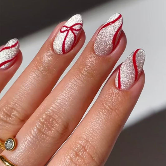 Festive Elegance Long Almond Silver Glitter with Red Swirl Design Press-On Nail Set