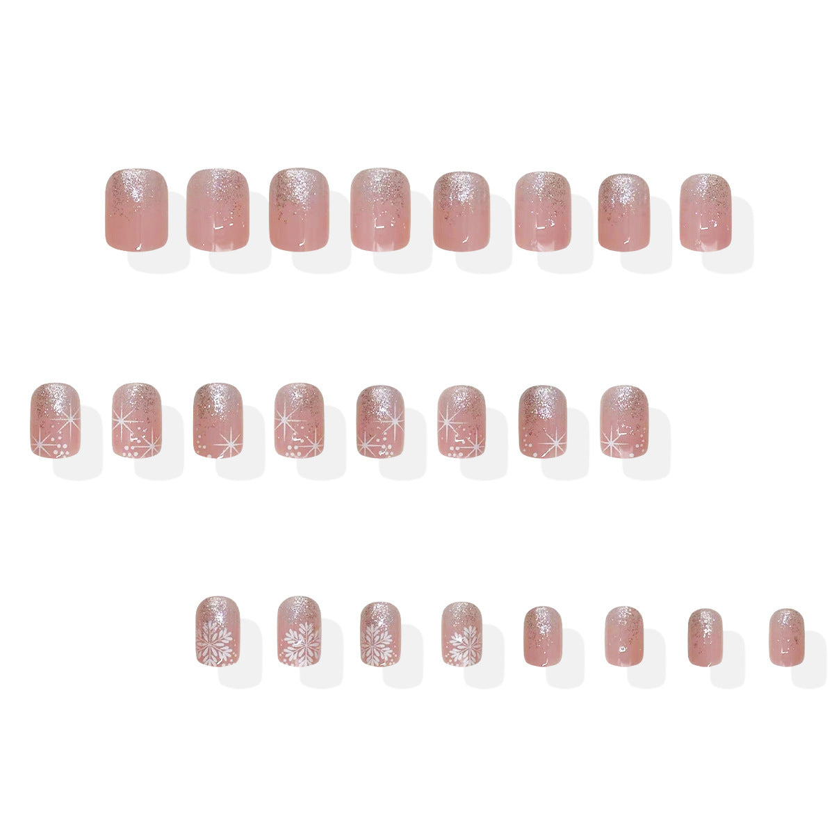 Whimsical Elegance Medium Square Blush Pink with Glittery Silver Sparkle and Floral Designs Press On Nail Set