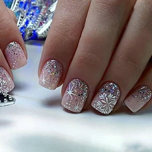Glamorous Enchantment Short Square Blush Pink with Sparkling Glitter and Floral Design Press On Nail Set