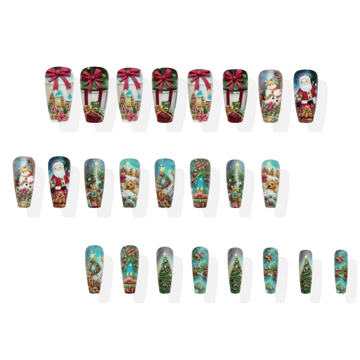 Festive Wonderland Long Coffin Red and Green Christmas Themed Press-On Nail Set with Charming Holiday Designs