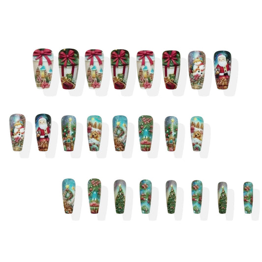 Festive Wonderland Long Coffin Red and Green Christmas Themed Press-On Nail Set with Charming Holiday Designs
