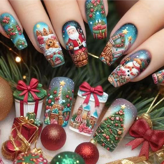 Festive Wonderland Long Coffin Green and Blue Press On Nail Set with Charming Holiday Designs