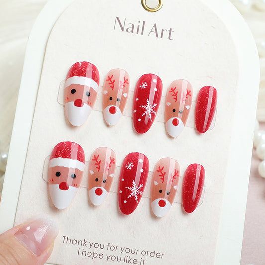Festive Holiday Joy Short Almond Red with Santa and Reindeer Designs Nail Set