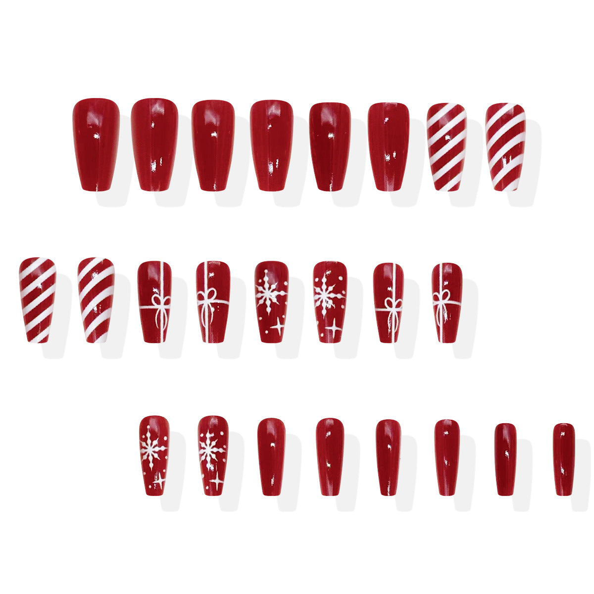 Festive Winter Wonderland Long Coffin Red Press On Nail Set with Cute Holiday Patterns and Glossy Finish