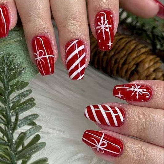 Festive Charm Red Long Coffin Press On Nail Set with Striking White Patterns