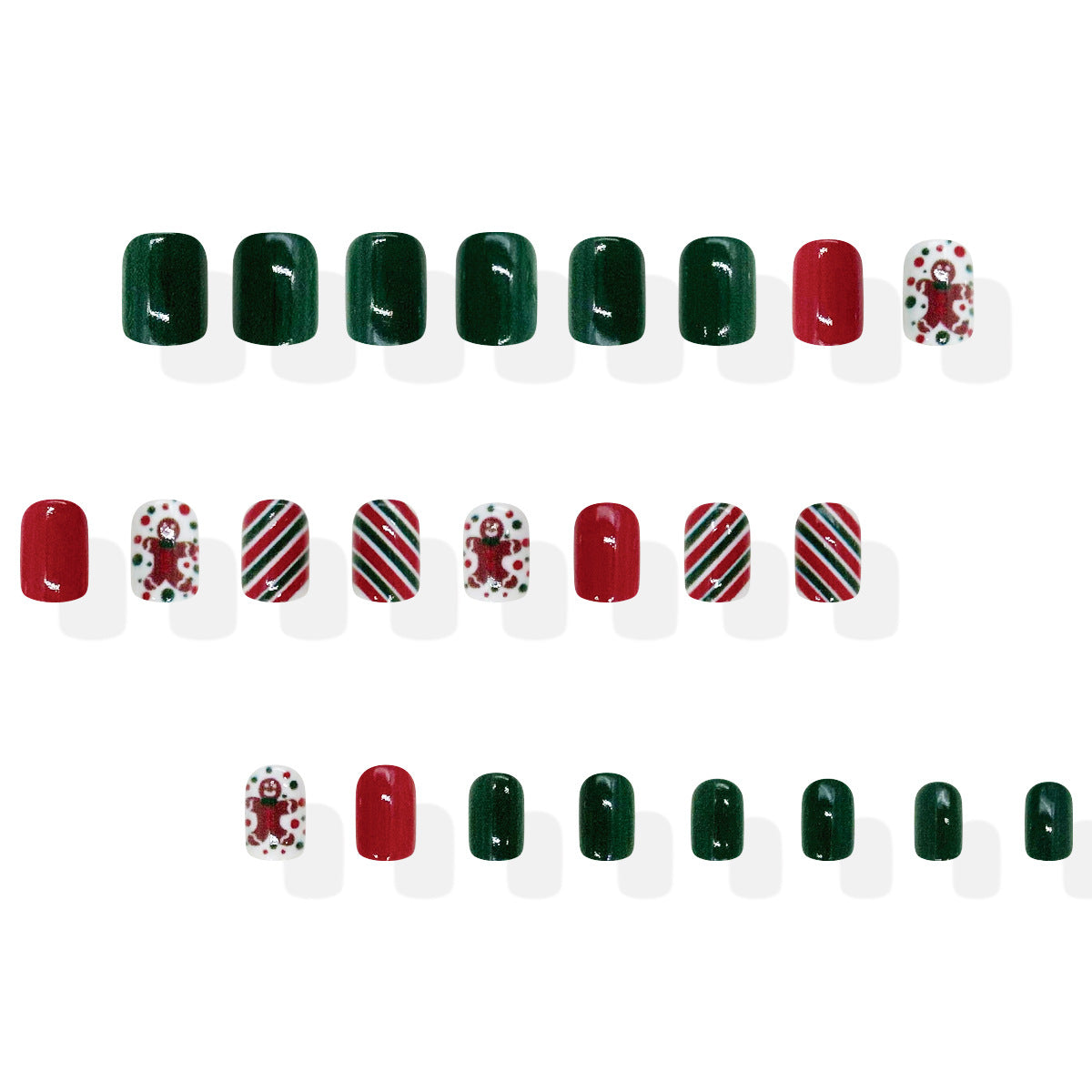 Festive Holiday Cheer Short Square Deep Green and Vibrant Red Press-On Nail Set with Candy Cane and Gingerbread Man Design