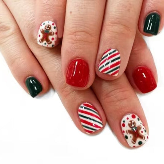 Festive Delight Short Square Red and Green with Gingerbread Man Design Press On Nail Set