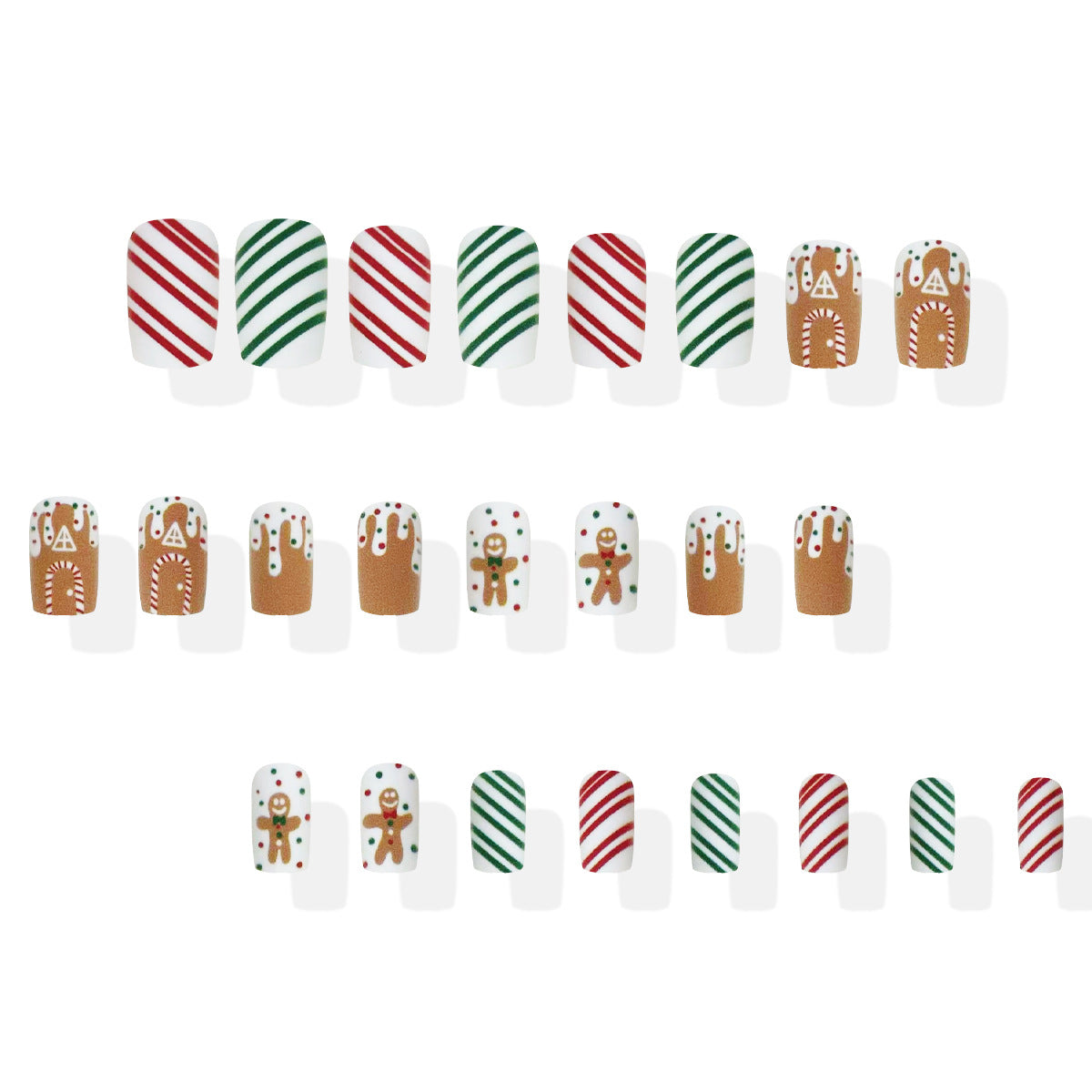 Festive Winter Wonderland Medium Square Red Green and Brown with Gingerbread Design Press On Nail Set