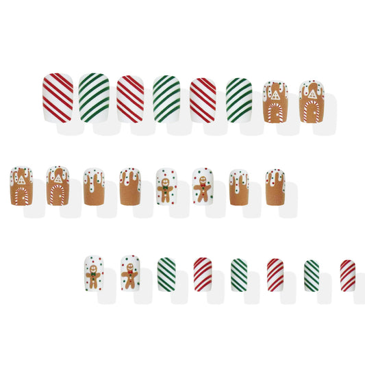 Festive Winter Wonderland Medium Square Red Green and Brown with Gingerbread Design Press On Nail Set