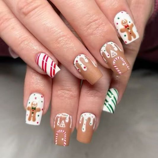 Holiday Delight Square Medium Red and Green Gingerbread Themed Press-On Nail Set
