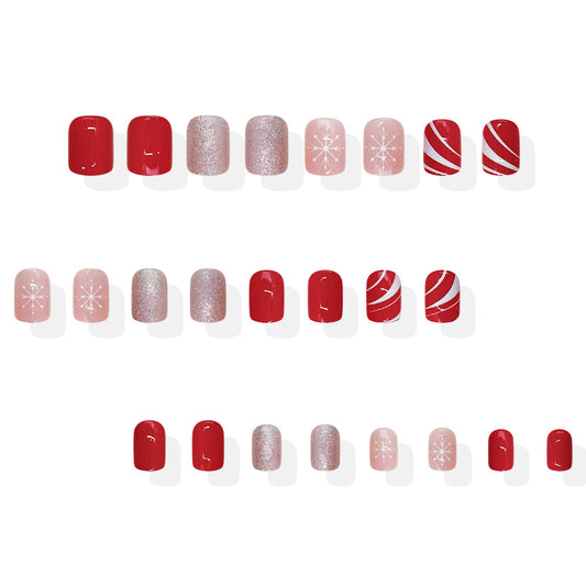 Festive Delight Short Square Red and Pink Glitter Press On Nail Set with Beautiful Winter Designs