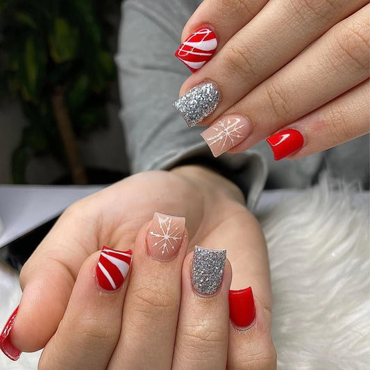 Festive Elegance Short Square Red and Silver Sparkle with Winter Snowflake Design Press-On Nail Set