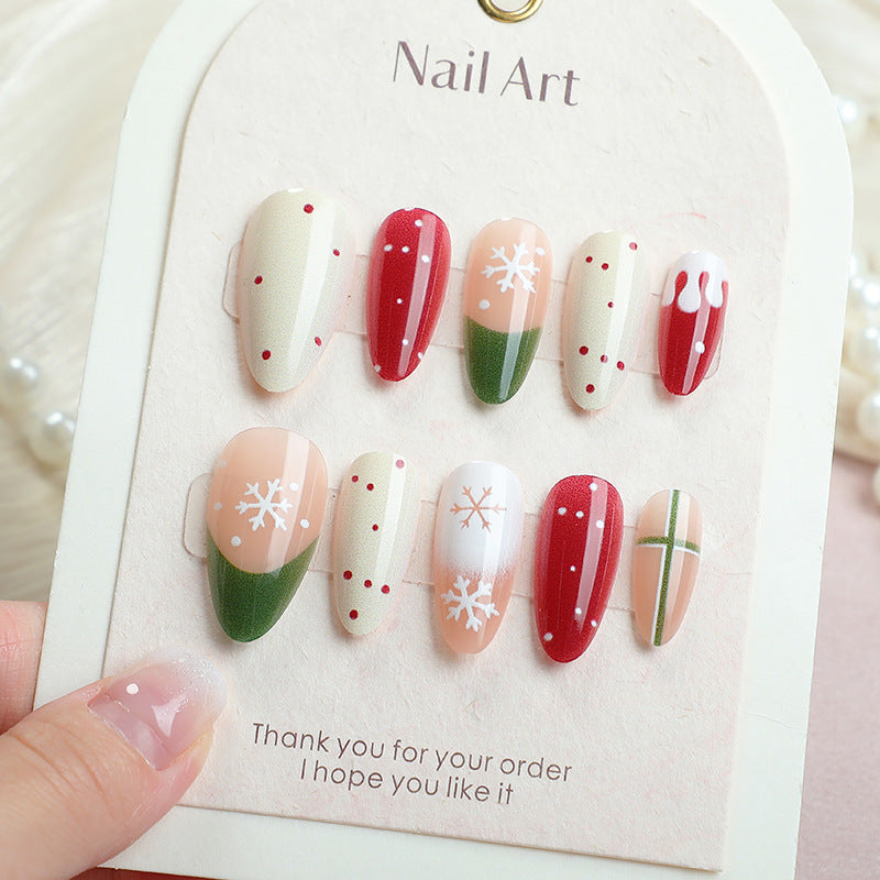 Festive Celebration Short Almond Red and Green Snowflake Design Press on Nail Set