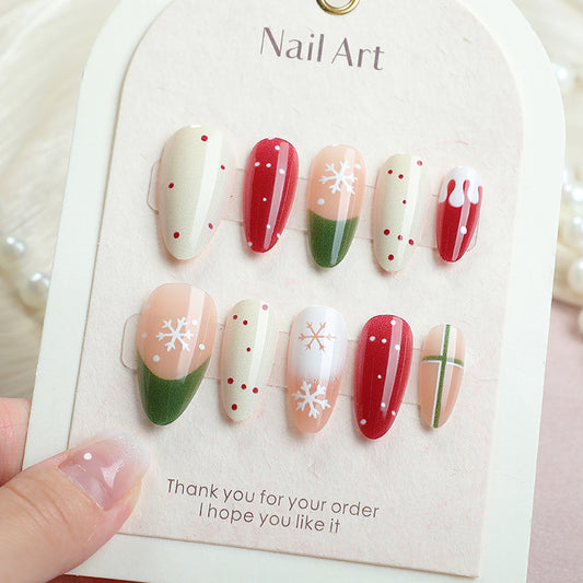 Festive Celebration Short Almond Red and Green Snowflake Design Press on Nail Set