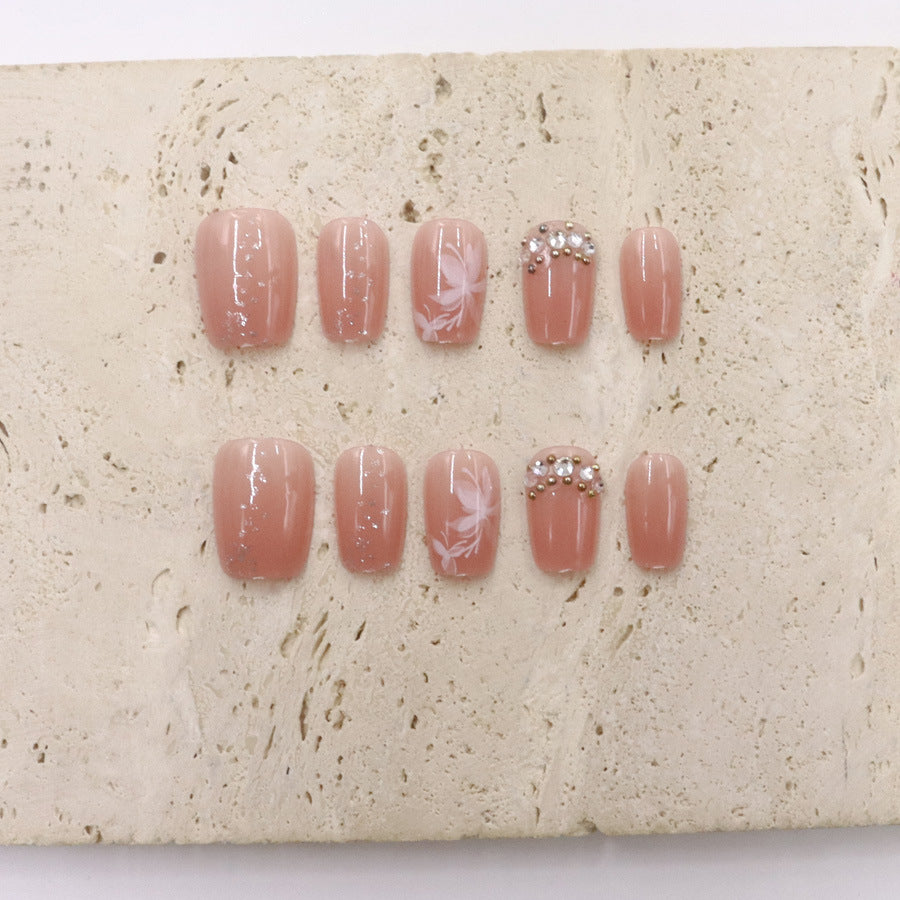 Chic Elegance Short Square Beige with Floral Design and Gem Accents Press On Nail Set