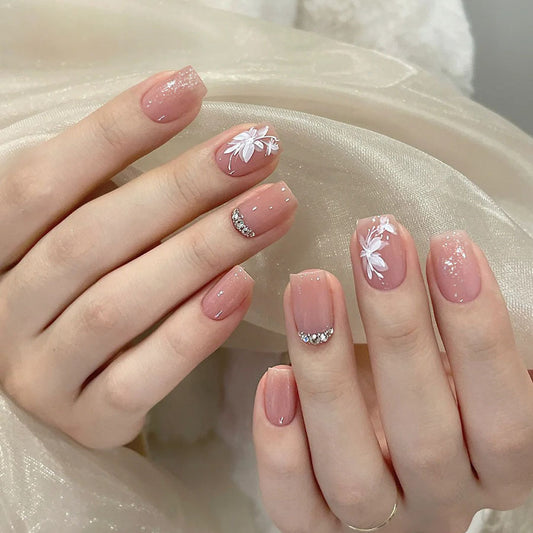 Chic Garden Escape Short Square Pink Ombre Press On Nails with Sparkling Floral Accents