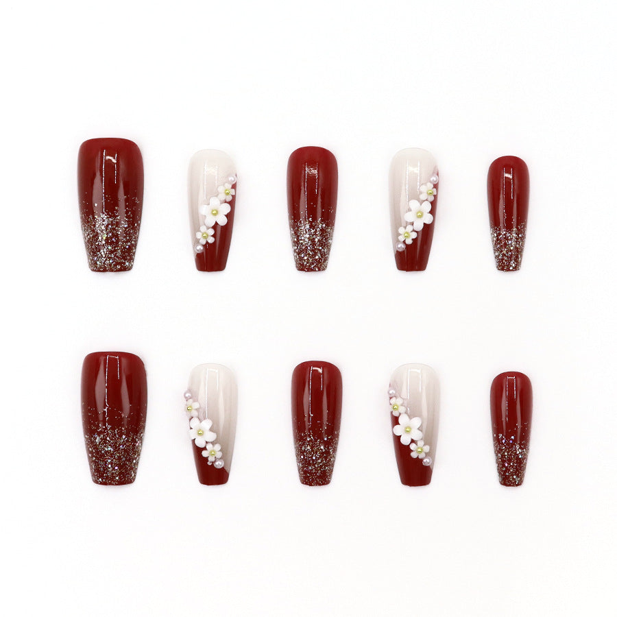 Charming Floral Elegance Long Coffin Burgundy Glitter Ombre Press On Nails with Delicate Flower Accents