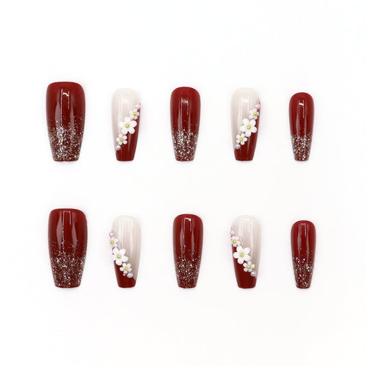 Charming Floral Elegance Long Coffin Burgundy Glitter Ombre Press On Nails with Delicate Flower Accents