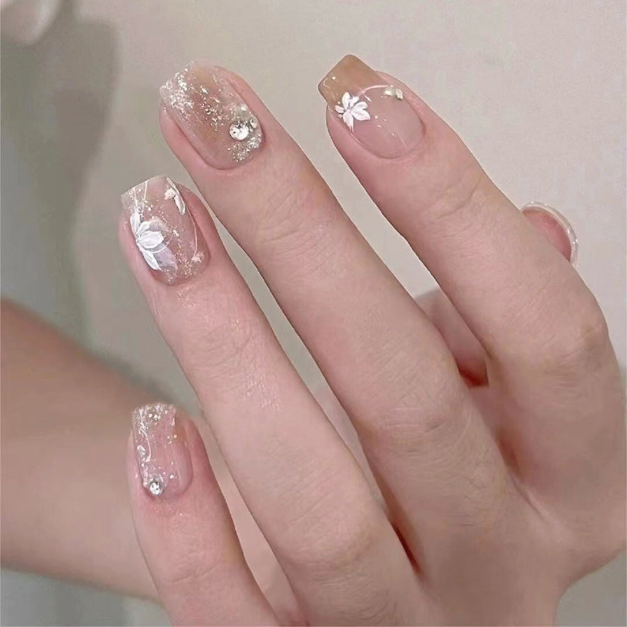 Whimsical Floral Delight Medium Square Blush Pink Press-On Nail Set with Glitter and Floral Accents
