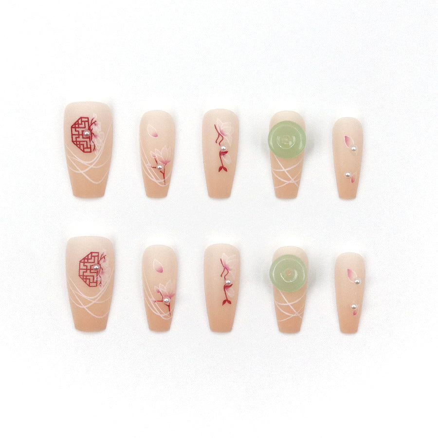 Elegant Serenity Long Coffin Shape Soft Beige with Floral Accents and Gem Embellishments Press-On Nail Set